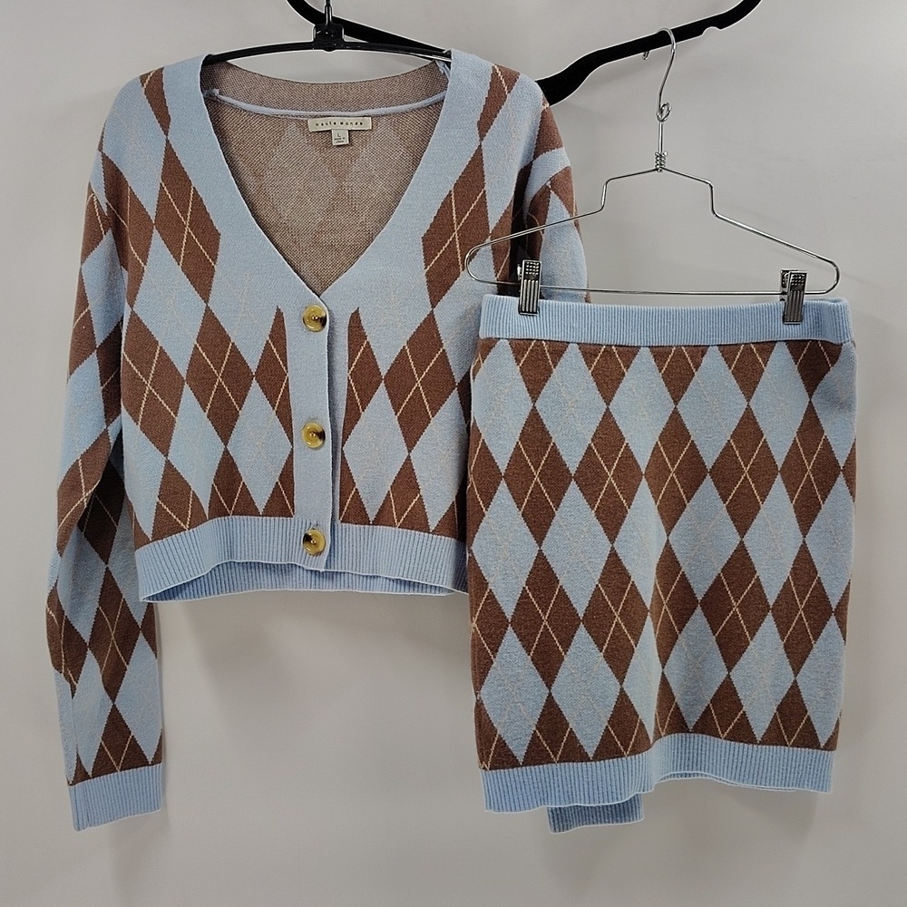 Haute Monde Argyle Jacquard Women Sweater Set Size Large Blue Brown